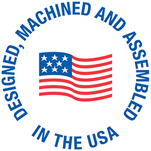 icon that says designed, machines, and assembled in the usa, with US flag in the middle
