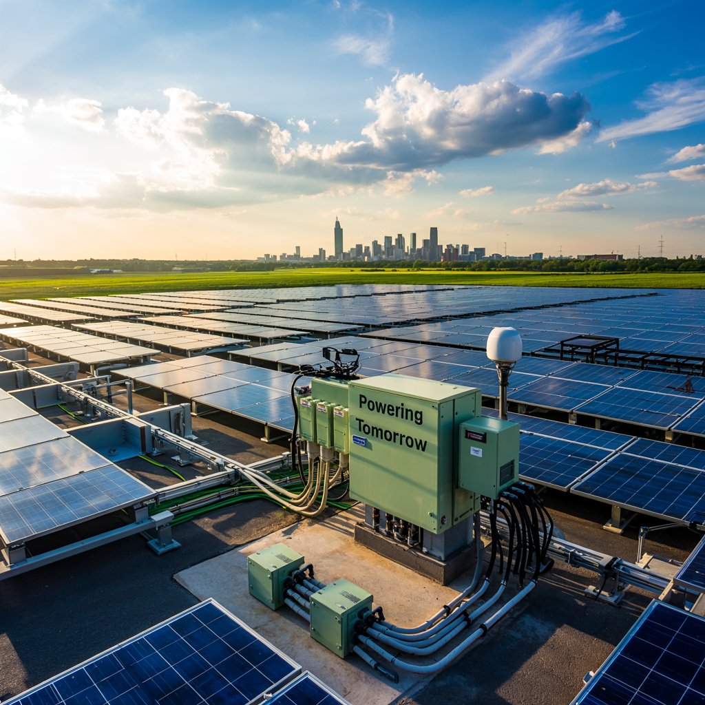Professional digital artwork of a large commercial solar installation connected to a city power grid. Show rows of solar panels on a corporate rooftop and a ground-mounted solar array, with visible lines connecting to a modern utility substation. Include elements like smart inverters, external disconnect switches, and a clear blue sky. In the background, show a city skyline symbolizing grid integration. Style should be clean, realistic, and business-oriented, with vibrant blues and greens emphasizing clean energy and technology.
