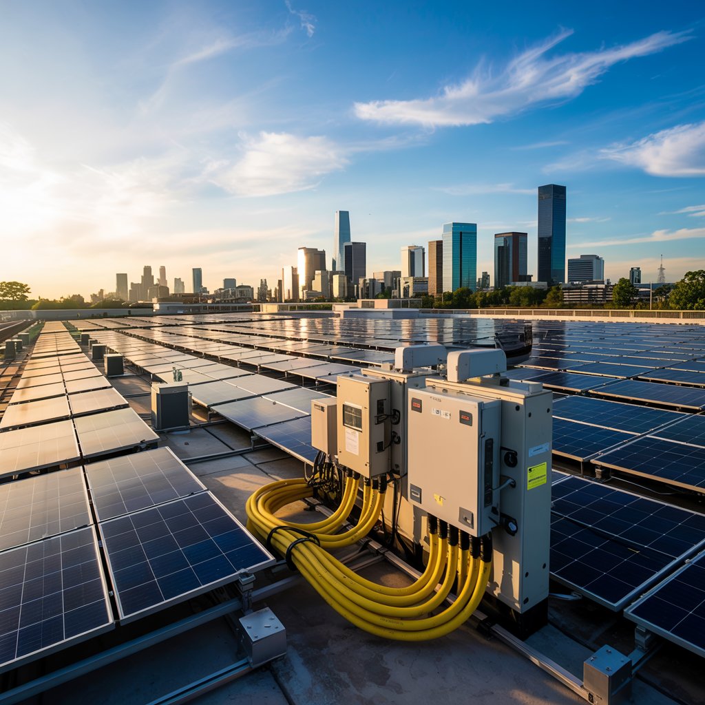 Professional digital artwork of a large commercial solar installation connected to a city power grid. Show rows of solar panels on a corporate rooftop and a ground-mounted solar array, with visible lines connecting to a modern utility substation. Include elements like smart inverters, external disconnect switches, and a clear blue sky. In the background, show a city skyline symbolizing grid integration. Style should be clean, realistic, and business-oriented, with vibrant blues and greens emphasizing clean energy and technology.